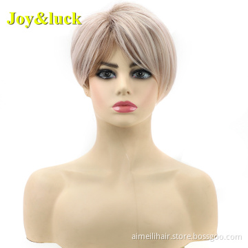 Linen Blond Wig For Women Wholesale Wigs With Side Bangs Party Ombre Color Natural Straight Short Synthetic Ladies Hair Wigs